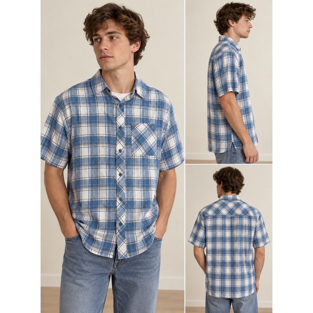 Cabelas Mens Medium Blue Plaid Short Sleeve Button Down Shirt Cotton